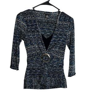 Bay Studio Career Petite PS 3/4 Sleeve Blue/Black Pattern Blouse